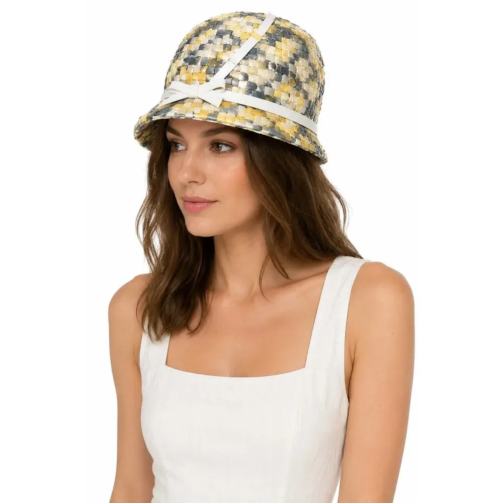 Vintage 1960s Mr John Classic Raffia Bucket Hat Yellow Gray White 7.5